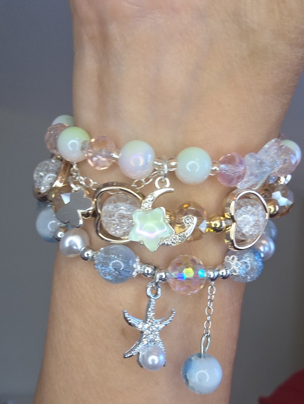 Iridescent Pastel Beaded Charm Bracelet Set - Women Jewelry